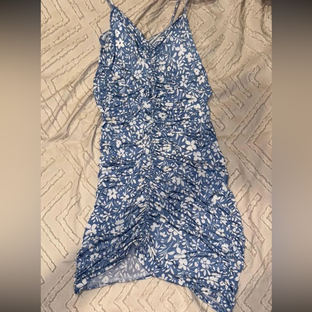 Blue and White Floral Bodysuit Dress with V-Neck